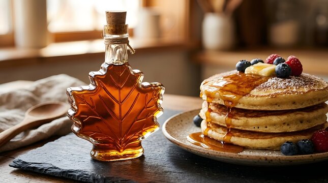 Maple leaf shaped glass bottle filled with amber syrup stands next to stack of pancakes.