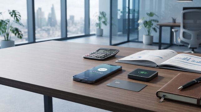 Digital transaction on mobile phone with credit card terminal on wooden desk in bright office