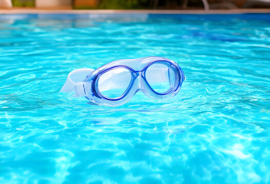 Summer vacation and swimming pool fun, blue goggles floating on clear turquoise water, holiday and leisure activity