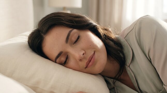 Young woman sleeping peacefully on soft pillow in bedroom