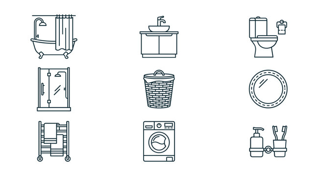 Bathroom interior furniture and plumbing thin line icon set featuring bathtub sink cabinet toilet shower stall laundry basket mirror towel rack washing machine