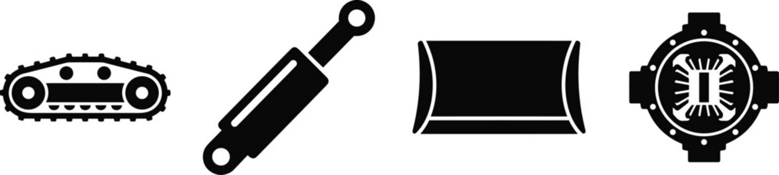 Set of black silhouette heavy machinery parts icons featuring crawler tracks, hydraulic cylinder, bulldozer blade, and mechanical gear