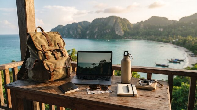 Digital nomad workspace with laptop and backpack on balcony overlooking tropical mountain bay