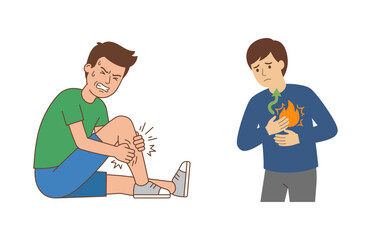 Obraz premium Illustration of People Suffering from Physical Health Issues Including Leg Cramps and Heartburn
