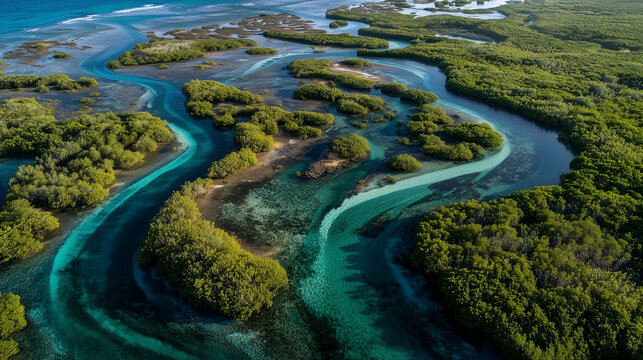Sian Ka'an Biosphere Reserve with winding mangrove waterways, crystal-clear lagoons, tropical ecosystem, aerial cinematic view, ultra realistic, no people