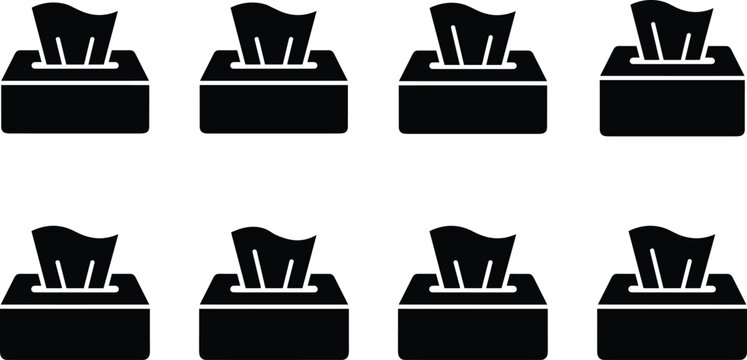 Set of black tissue box icons featuring facial tissues dispensing from cardboard containers for hygiene concepts.