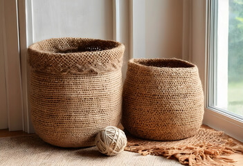 Fototapeta premium Sustainable home decor and natural materials, two woven jute baskets with a rubber band ball by a window