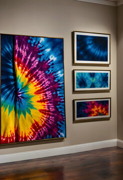 Tie dye art gallery display, vibrant psychedelic patterns and colorful abstract designs on framed canvases