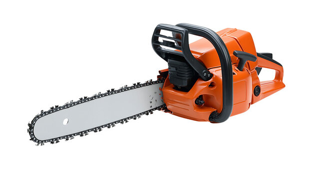 Orange chainsaw with black handle and metal chain