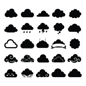 Set of black cloud icons, weather forecast symbols, rain, thunderstorm, thought speech bubble, oriental decorative cloud, and ribbon banner vector isolated on white background.