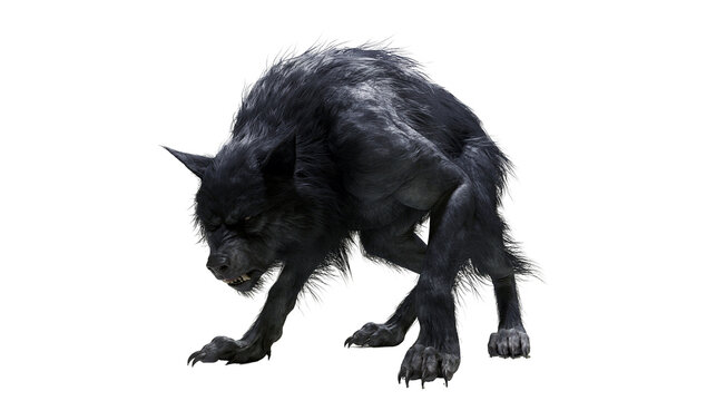 Fierce black werewolf creature with sharp teeth and claws