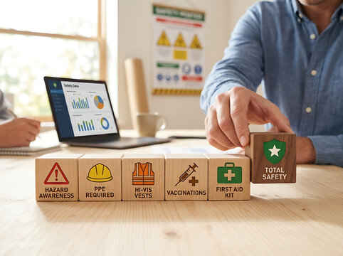 Person building safety icons with blocks