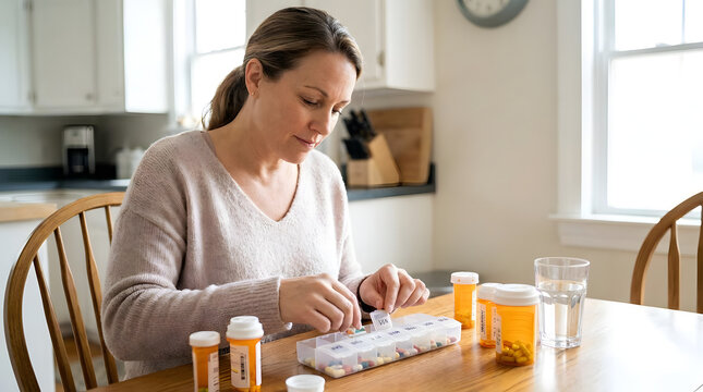 Woman sorting daily medication into weekly pill organizer.