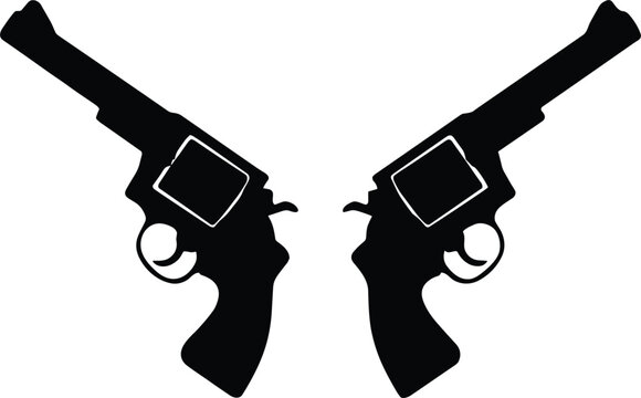 Silhouette revolver pistol illustration with mirrored handgun design for vintage western weapon symbol and firearm themed vector