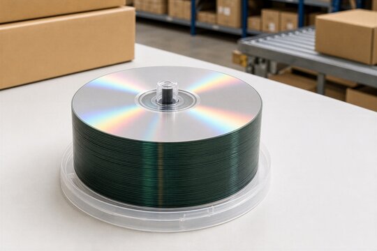 Stack of blank optical media disks on desk in warehouse