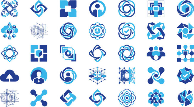 Abstract Tech Logo Icons Set Blue Geometric Cloud Network Cyber Security AI and Corporate Branding Vector Marks
