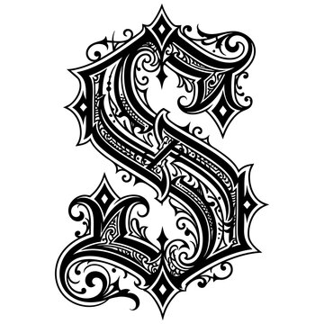 Vintage gothic letter s calligraphy monogram with detailed ornamental flourishes vector illustration monogram calligraphy ornament