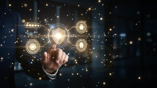Businessman touching shield icon on screen for brand trust reputation of corporate security with glowing digital interface in futuristic dark office background