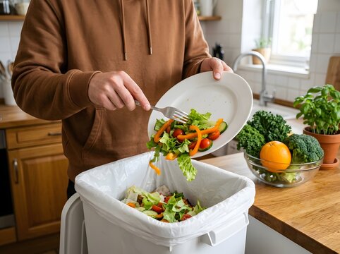 Person scraping leftover salad from a plate into a kitchen trash can filled with food waste