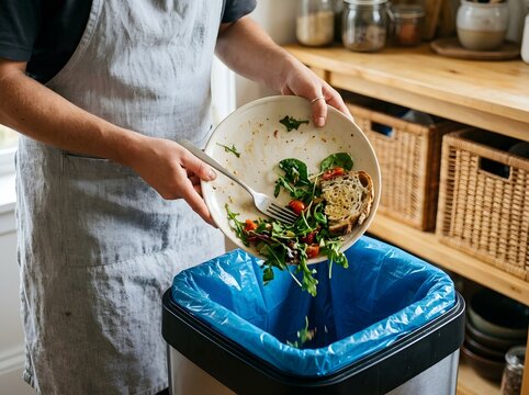 Person wearing apron throwing away leftover salad food waste into a blue bin with disposal, scraping