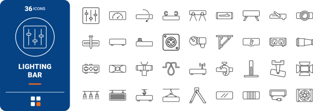 Stage lighting bar line icon set. Vector pictograms of spot fixture, truss bracket, dmx controller, and beam optic elements, thin linear illustration.