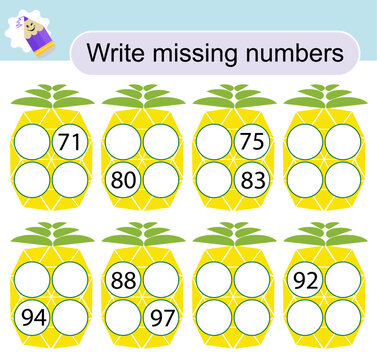 Math activity for children. Activity page for preschoolers. Yellow pineapples.