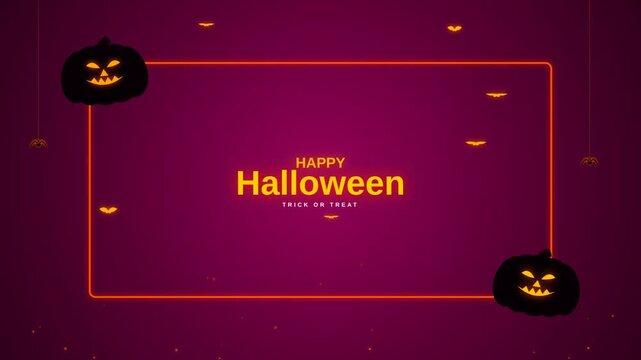 Happy Halloween greeting animation with glowing pumpkin, bats and neon frame
