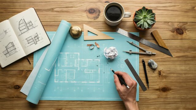 Blueprints and Tools on Wooden Table with Coffee and Succulent Plant