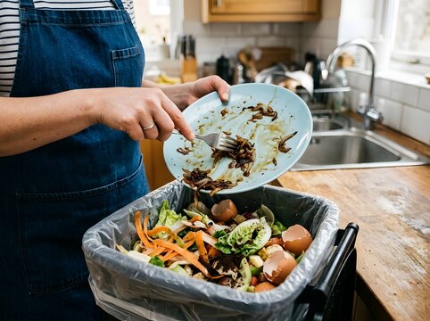 Woman scraping leftover food from a plate into a compost bin in the kitchen with scraping, leftovers