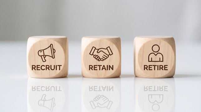 Recruit retain retire wooden cubes highlighting employee lifecycle strategy