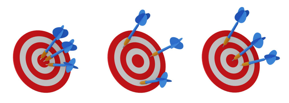 Animated dart target concept showing three outcomes: three darts hitting bullseye, all darts missing, and one dart hitting the target. Ideal for target, goals, purpose, success, failure, and progress 