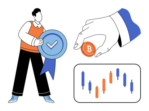 Man holding a verified badge and hand with bitcoin near a stock market chart vector illustration. Finance, investment, cryptocurrency, trading, success, digital economy. Person with coin