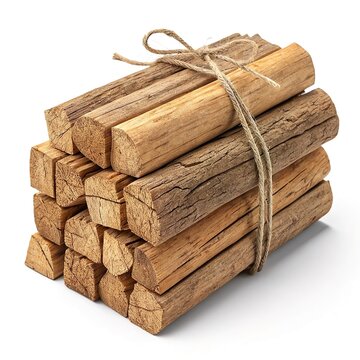 Bundle of dry firewood logs tied with rope and isolated on a white background. Natural wood texture, rustic home heating fuel, camping or fireplace supply concept.