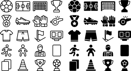 Fototapeta na wymiar Soccer icon set with 40 football elements. Black line and solid vector icons for sports apps, tournament equipment, and match statistics. ,Clean grouped each Icon