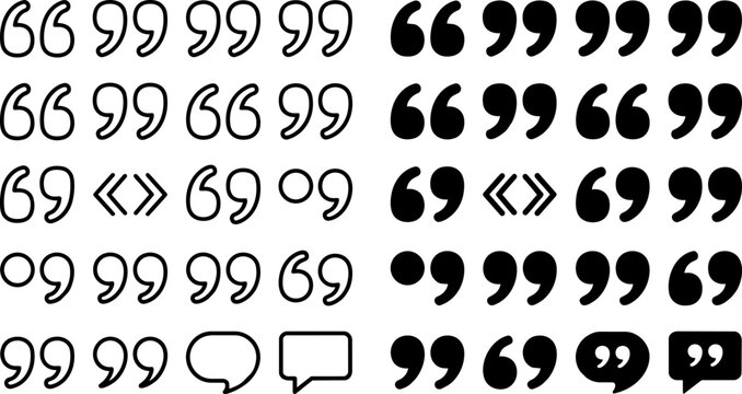 Minimalist quotation marks set, black outline and solid quote icons, 40 vector punctuation symbols for typography and editorial design ,Clean grouped each Icon