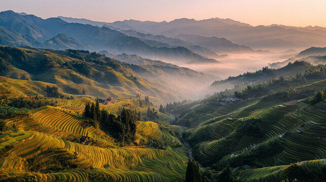 Terraced rice fields of Longji during sunrise, golden morning mist, layered agricultural landscape, breathtaking aerial panorama, ultra realistic, no people