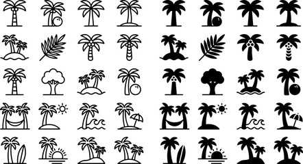 Fototapeta premium Tropical palm tree icons set, 40 black line and silhouette palm tree vectors, summer beach vacation symbols for travel branding ,Clean grouped each Icon