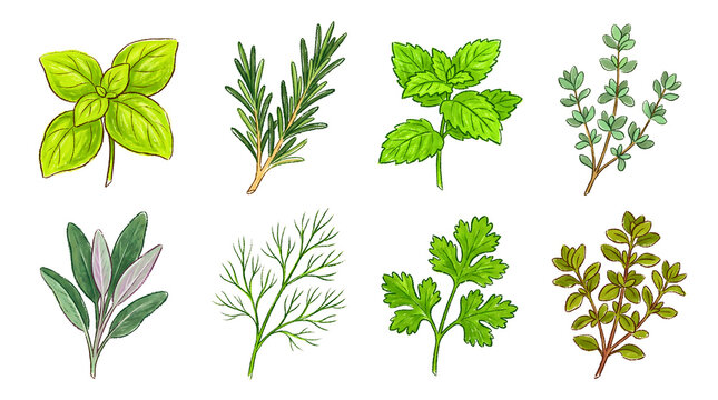Set of hand drawn culinary herbs and aromatic plants for cooking and seasoning