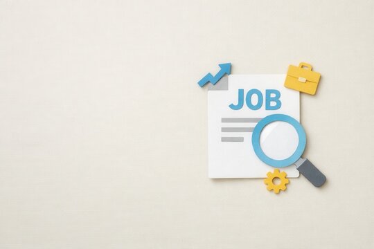 A flat lay image of a paper with the word "JOB," a magnifying glass, and icons symbolizing career growth and work opportunities.