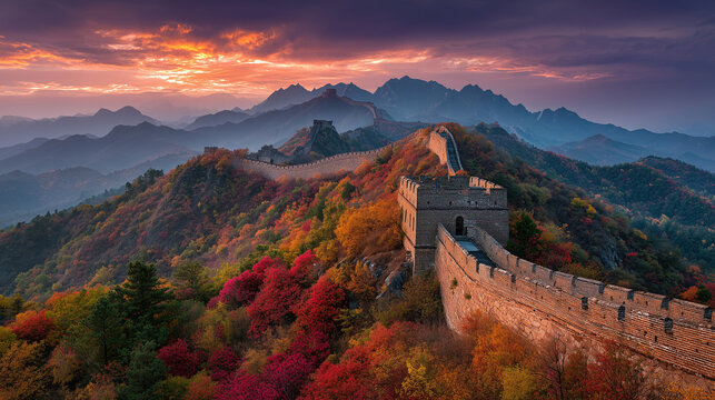 The Great Wall of China winding across majestic mountain ridges at golden sunrise, dramatic clouds, vibrant autumn foliage, ultra photorealistic, cinematic lighting, HDR, 8K, premium travel photograph