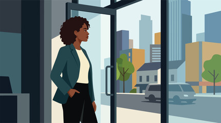 Fototapeta premium Professional Woman Gazing Out Office Window.