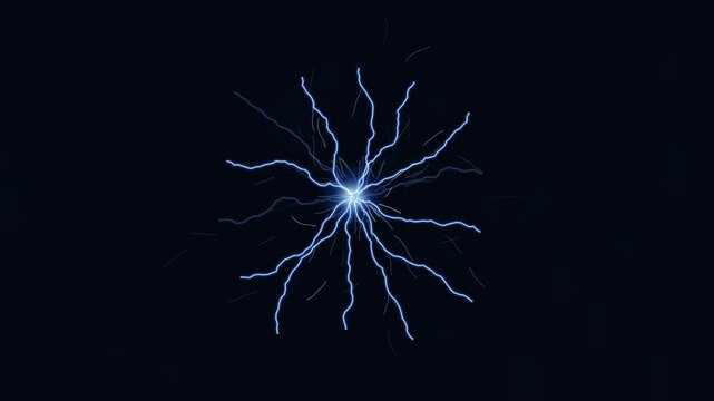 Electric lightning discharge radiating from a central glowing point on a solid black background
