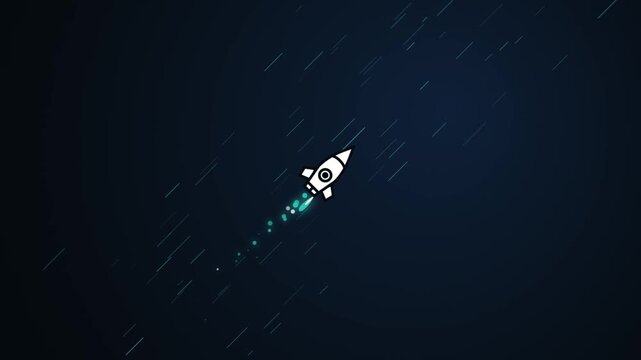 Flat design rocket ship launching into deep space with glowing trail and fast speed lines