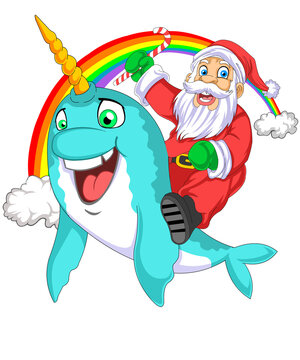 Cute Santa Claus riding narwhal with Christmas gifts vector illustration