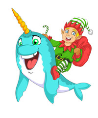 Cute Christmas elf riding narwhal xmas vector illustration © Totu Tayo