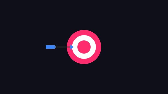 Minimal flat design animation of a blue arrow hitting the center of a red target on dark background