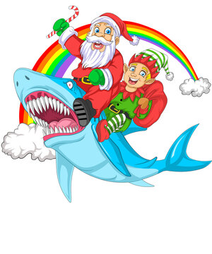 Cute Santa Claus and elf riding shark on rainbow Christmas vector illustration