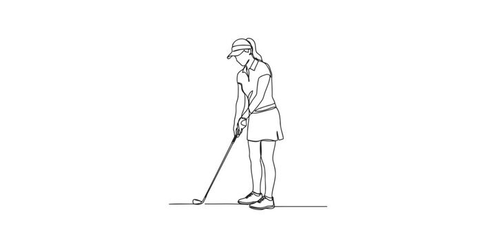 Continuous single line drawing of a woman golfer playing golf with a club
