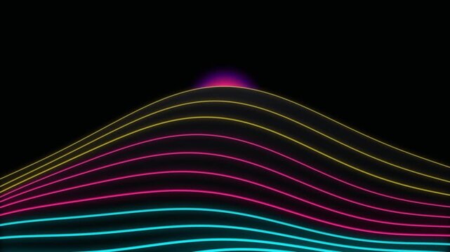 Retro synthwave neon landscape animation with glowing wave lines and a vibrant rising sun