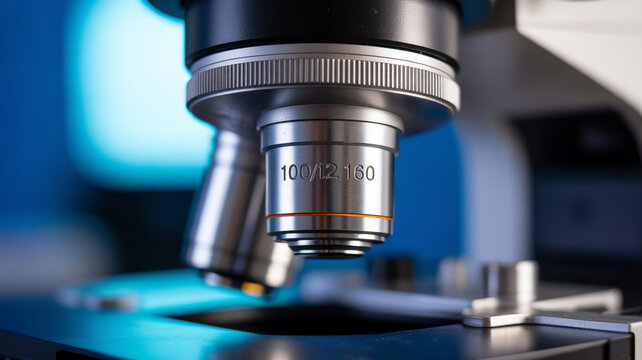 Close-up of a Microscope Objective Lens with Magnification Details Visible science laboratory